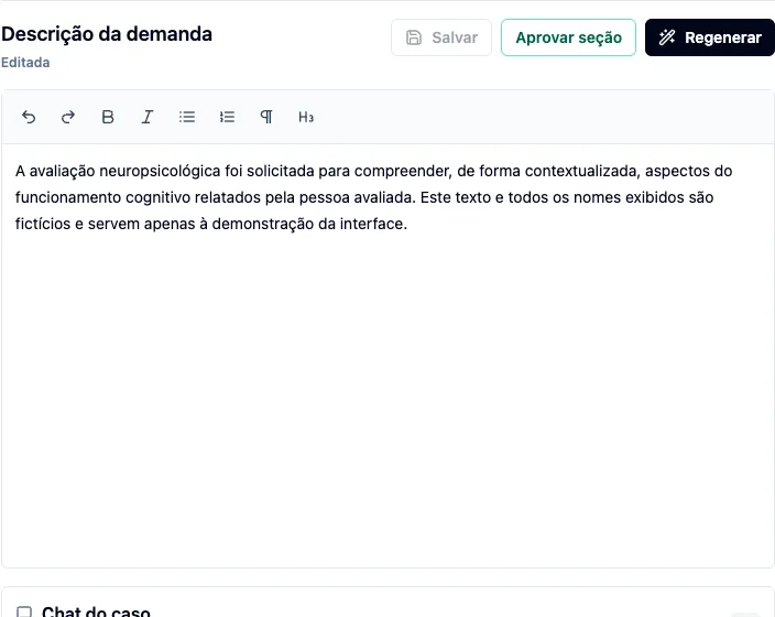Workspace de laudo do Neuropsidoc na seção Descrição da demanda, com editor e controles de revisão