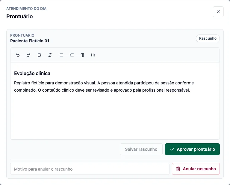 Editor de prontuário do Neuropsidoc com evolução clínica em rascunho e ação para aprovação